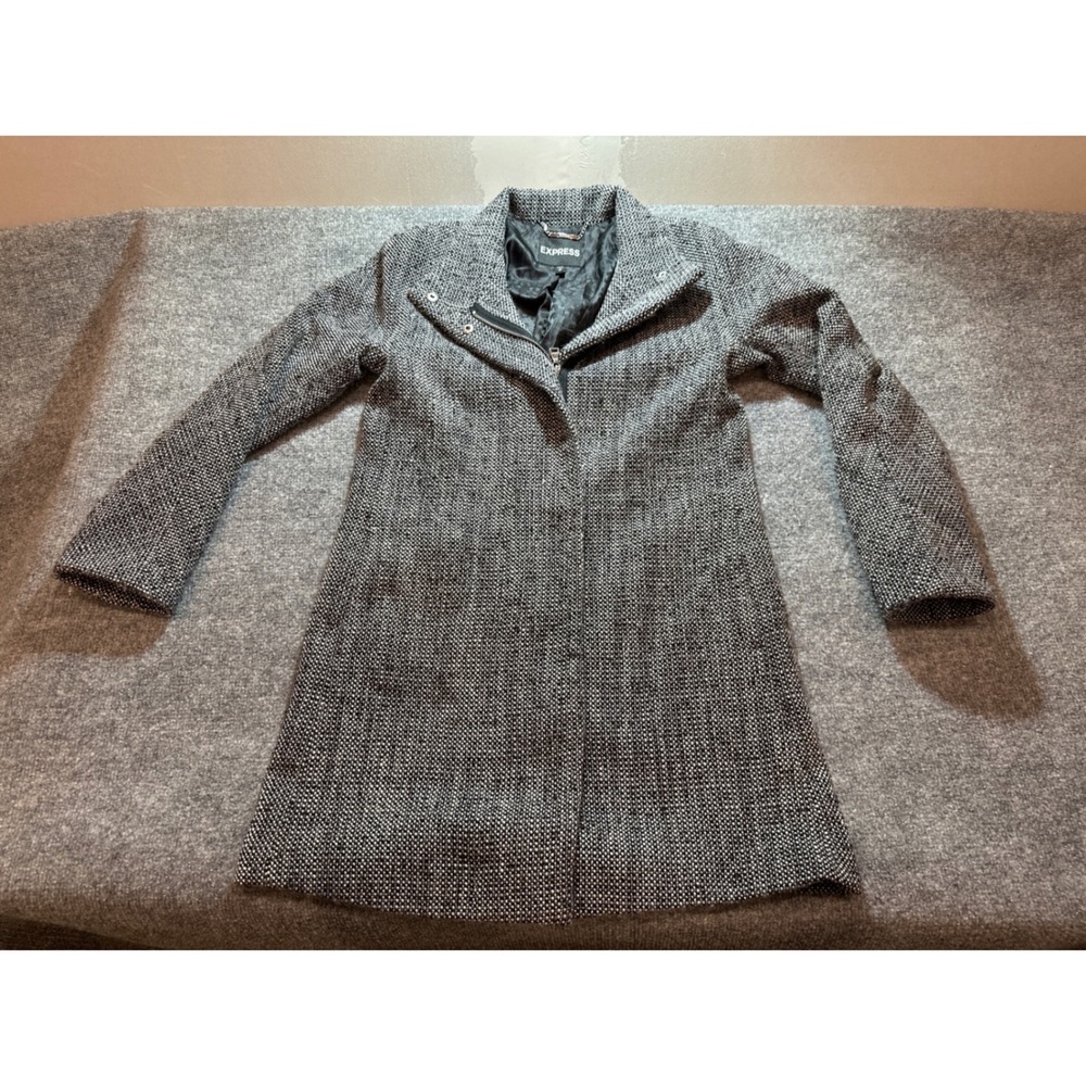 Express Womens Black White Textured Asymmetrical Zip Longline Coat Size S
